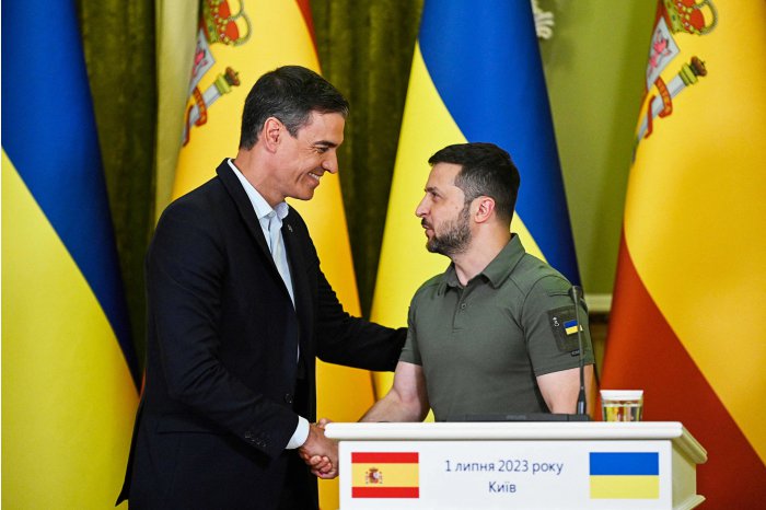 Conferința de presă în cadrul vizitei premierului spaniol Pedro Sánchez la Kyiv, 1 iulie 2023 