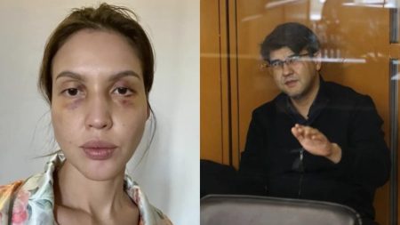 Colaj: Saltanat Nukenova după ce a fost lovită de Bișimbaev și Kuandik Bișimbaev în instanța de judecată